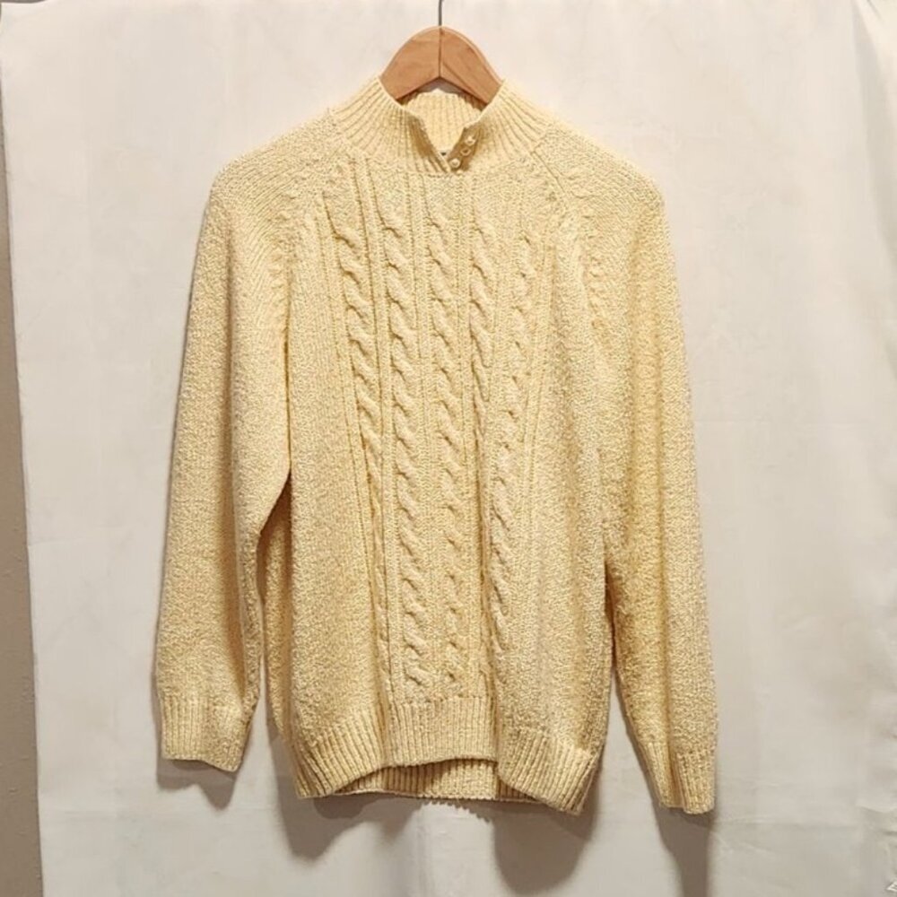 Karen Scott Cable Knit‎ Sweater Women's XL Pale Yellow Button Collar Long Sleeve